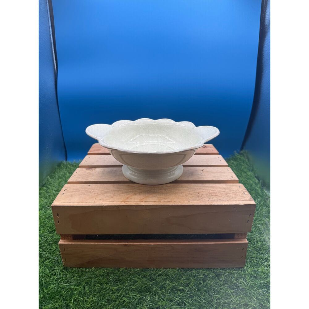 Vintage McCoy Pottery Scalloped Pedestal Bowl (Crazed White Glaze) - 9” Diameter